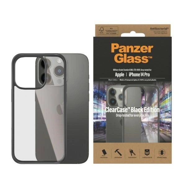 Apple iPhone 14 Pro 6.1'' PanzerGlass ClearCase Antibacterial Case Cover, Transparent and Black
