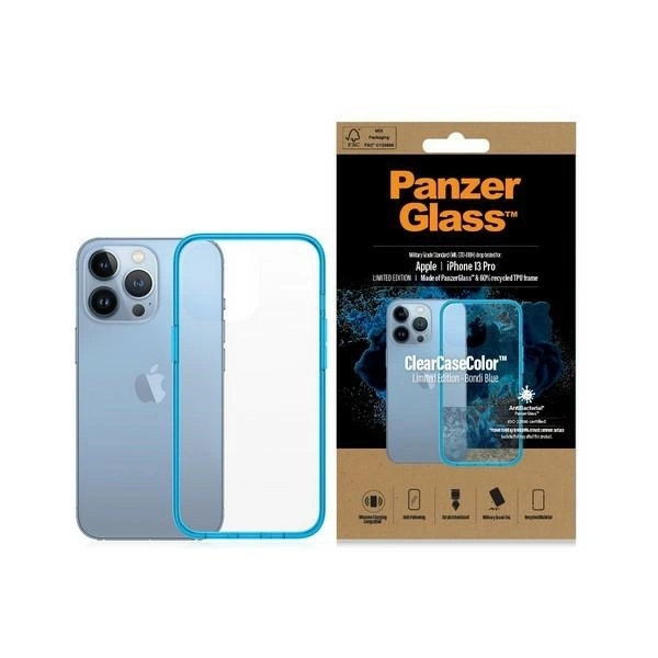 Apple iPhone 13 Pro 6.1'' PanzerGlass ClearCase Antibacterial Military Grade Certified Case Cover, Transparent and Blue