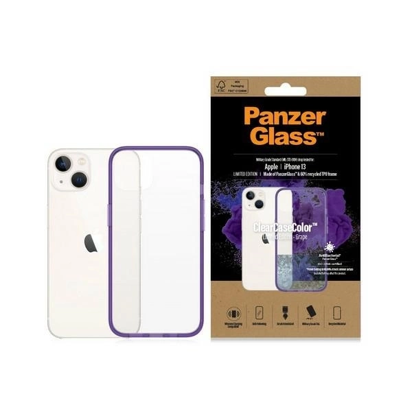 Apple iPhone 13 6.1'' PanzerGlass ClearCase Antibacterial Military Grade Certified Case Cover, Transparent and Purple
