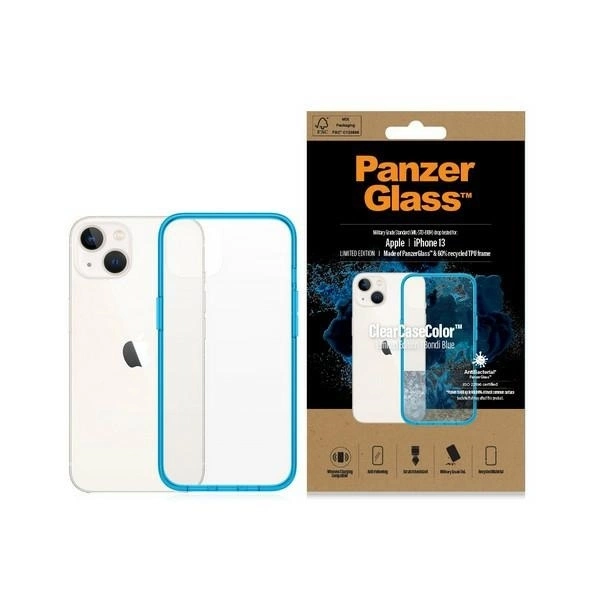 Apple iPhone 13 6.1'' PanzerGlass ClearCase Antibacterial Military Grade Certified Case Cover, Transparent and Blue