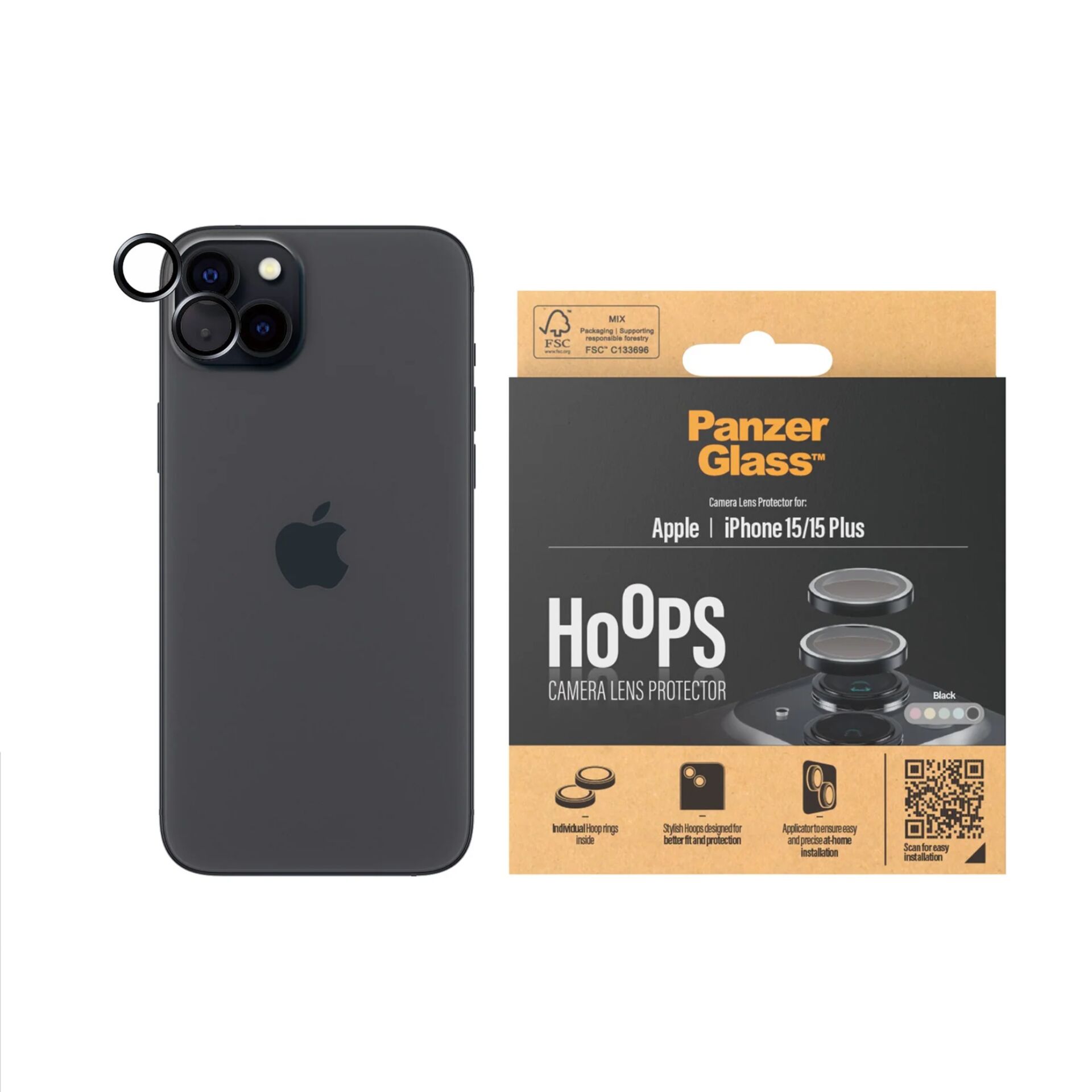 Panzerglass Hoops 1138 Camera Lens Protector for iPhone 15 / 15 Plus, Transparent with Black Frame