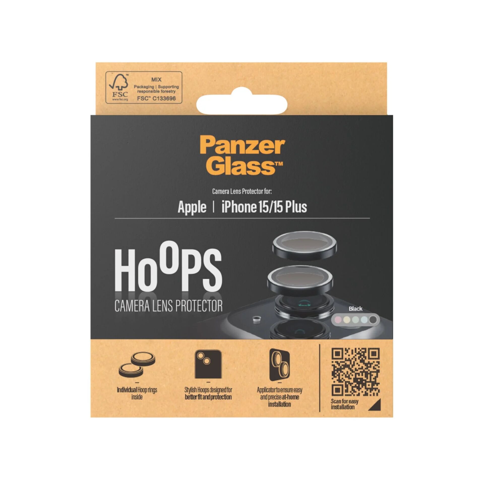 Panzerglass Hoops 1138 Camera Lens Protector for iPhone 15 / 15 Plus, Transparent with Black Frame