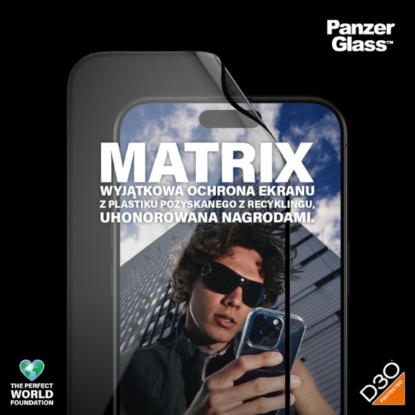 PanzerGlass Matrix Ultra-Wide-Fit hybrid glass for iPhone 15 Pro Max with positioner