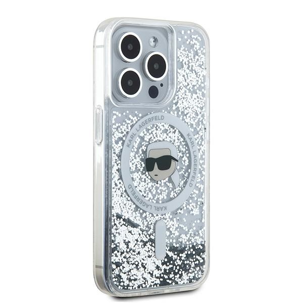 Karl Lagerfeld iPhone 15 Pro vāciņš Liquid Glitter Karl Head MagSafe, caurspīdīgs