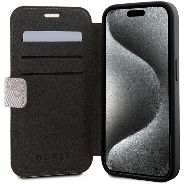 Apple iPhone 15 Pro 6.1\" Guess 4G Metal Logo Book Case Cover, Pink
