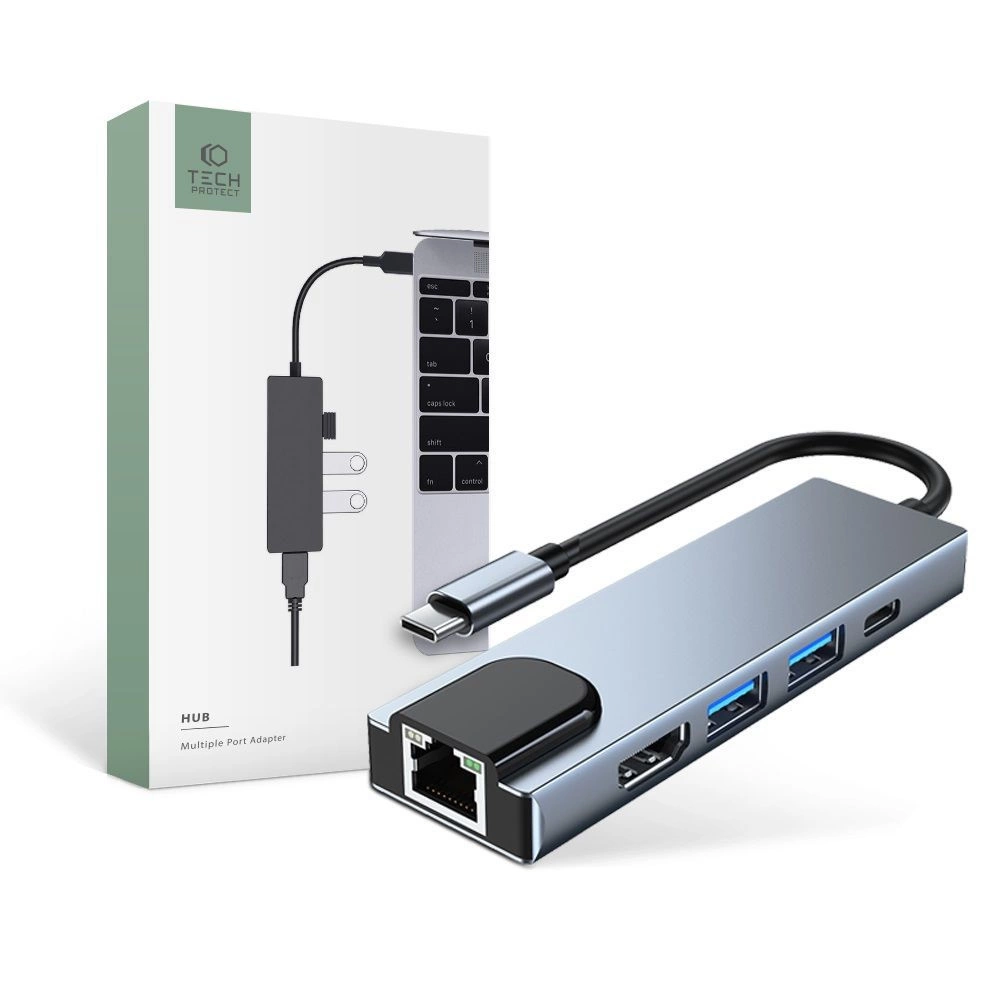 HUB Tech-Protect V3 5in1 USB-C - USB-A 3.0 / USB-A 2.0 / USB-C / HDMI / RJ45 - gray