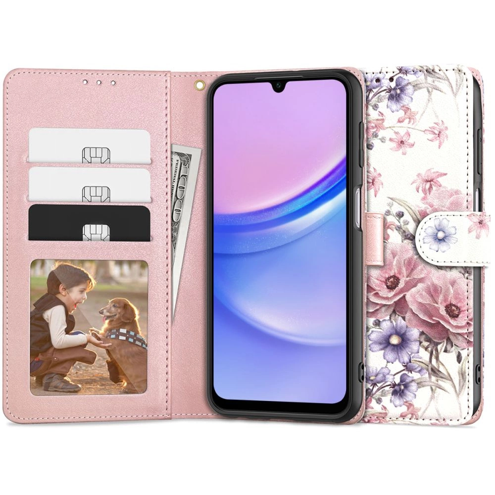 Samsung Galaxy A15 ( SM-A156, SM-A155 ) Tech-Protect Wallet Book Case Cover, Pink Flowers