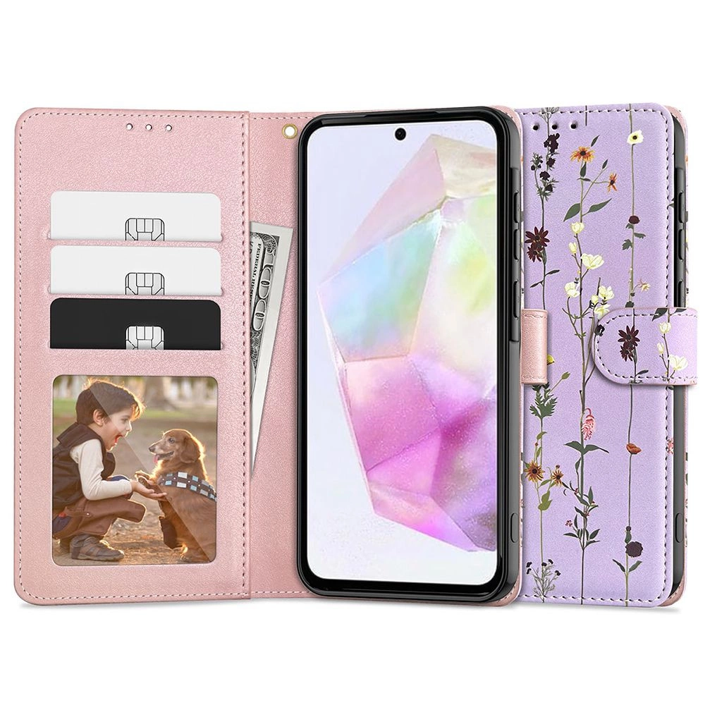 Samsung Galaxy A35 ( SM-A356E/DS ) Tech-Protect Wallet Book Case Cover, Purple Flowers