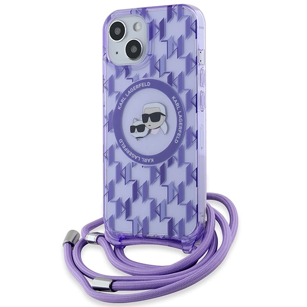 Apple iPhone 15 6.1'' Karl Lagerfeld IML Crossbody Monogram Karl & Choupette Head MagSafe Cover Case, Purple