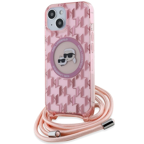 Apple iPhone 15 6.1'' Karl Lagerfeld IML Crossbody Monogram Karl & Choupette Head MagSafe Cover Case, Pink