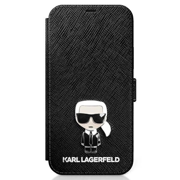 Apple iPhone 12 Pro Max 6.7'' Karl Lagerfeld Saffiano Ikonik Metal Book Cover Case, Black