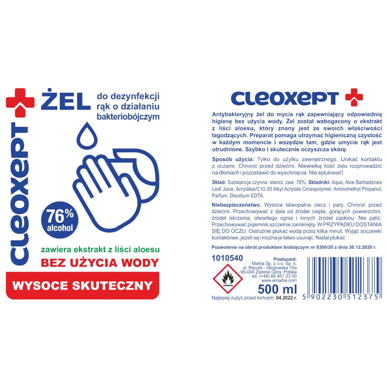 Antibakteriāls roku dezinfekcijas gēls CLEOXEPT - 500ml | Antibacterial hand sanitizer gel
