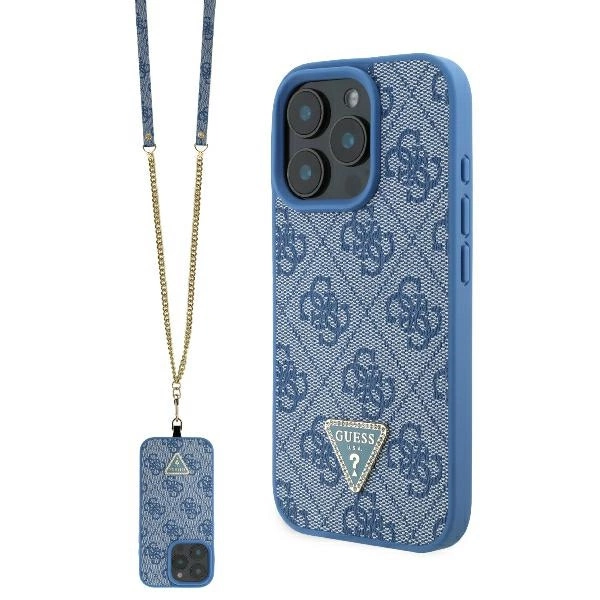 Guess Leather Metal Logo Strass Crossbody Case for iPhone 16 Pro - blue