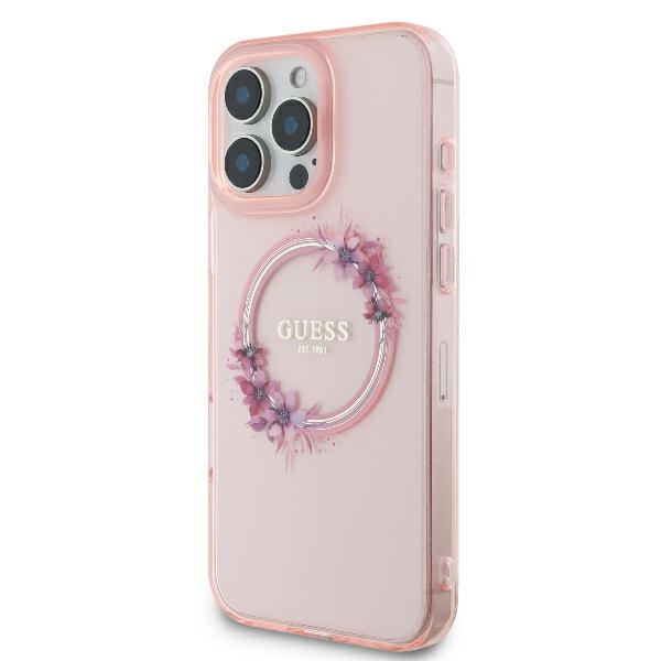 Guess IML Flowers Wreath MagSafe case for iPhone 16 Pro - pink