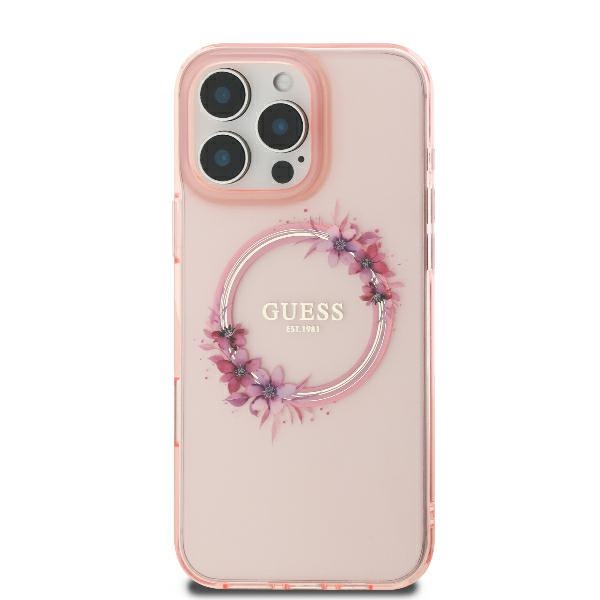 Guess IML Flowers Wreath MagSafe case for iPhone 16 Pro - pink