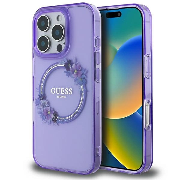 Guess IML Flowers Wreath MagSafe case for iPhone 16 Pro - purple