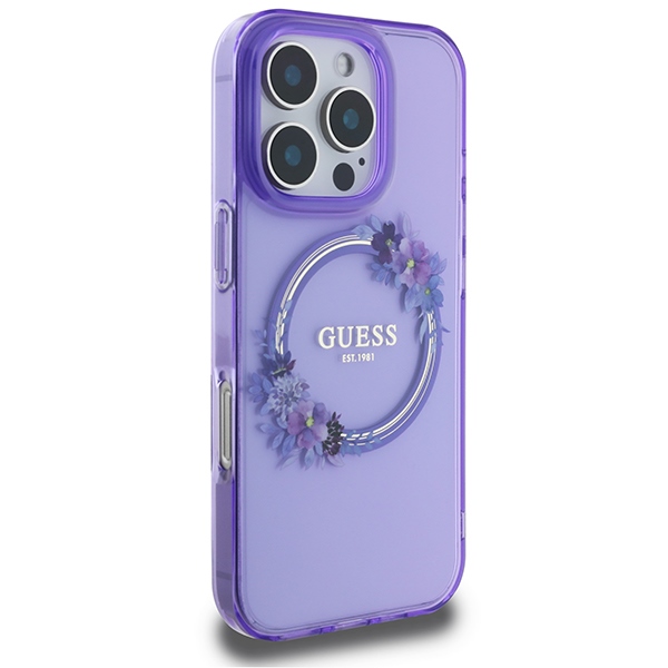 Guess IML Flowers Wreath MagSafe case for iPhone 16 Pro - purple