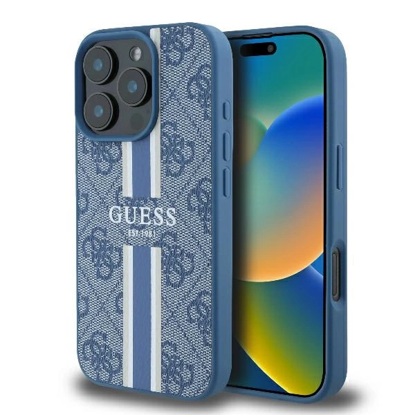 Apple iPhone 16 Pro 6.3'' Guess 4G Printed Stripes MagSafe Case Cover, Blue