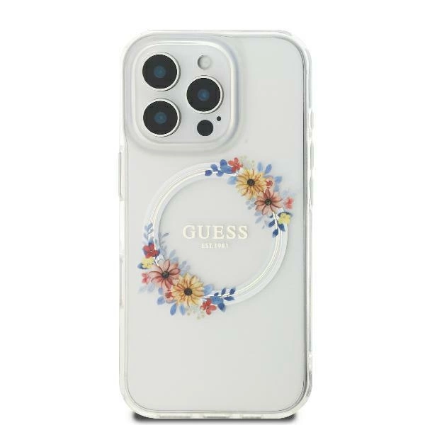 Guess IML Flowers Wreath MagSafe case for iPhone 16 - transparent