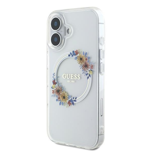 Чехол Guess для iPhone 16 IML Flowers Wreath MagSafe, прозрачный
