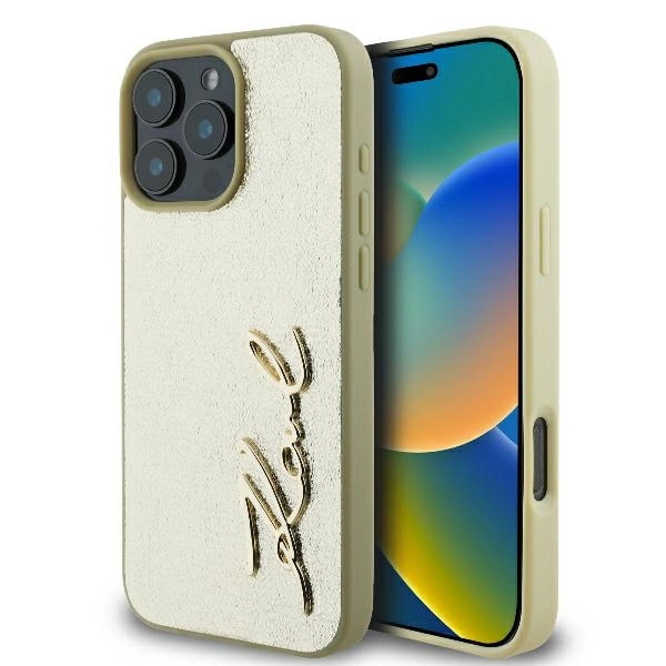Apple iPhone 16 Pro 6.3'' Karl Lagerfeld Metal Signature Cover Case, Gold