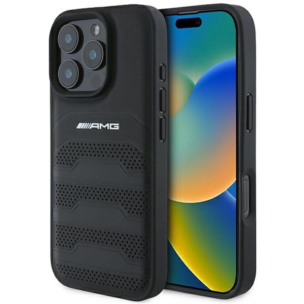 AMG Leather Debossed Lines Black Logo Case for iPhone 16 Pro - black