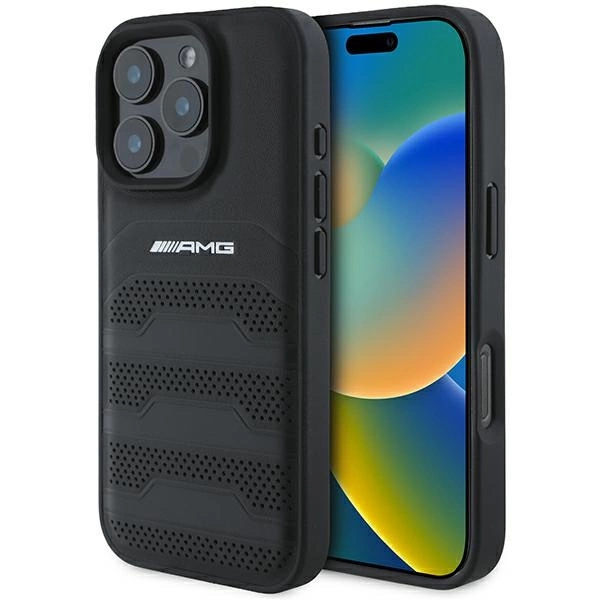 AMG Leather Debossed Lines Black Logo Case for iPhone 16 Pro Max - black