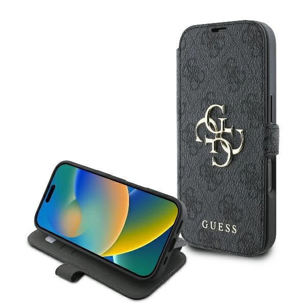 Apple iPhone 16 Pro 6.3" Guess 4G Metal Logo Book Case Cover, Black