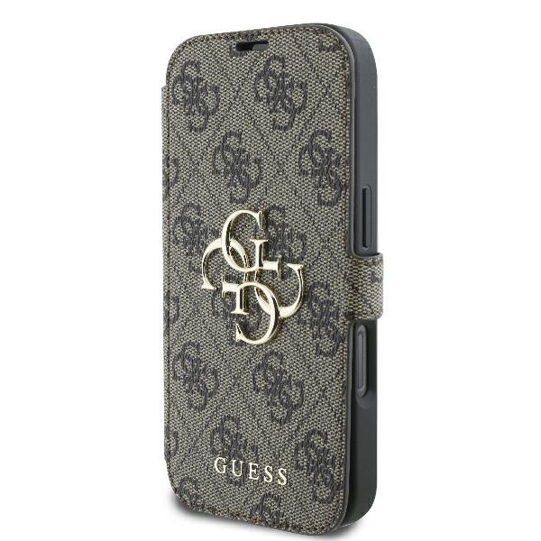 Apple iPhone 16 Pro Max 6.9\" Guess 4G Metal Logo Book Case Cover, Brown