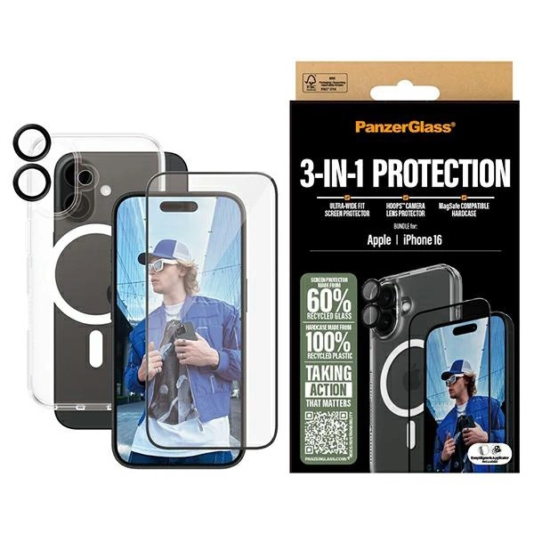PanzerGlass 3-in-1 Protection Bundle for iPhone 16 (Case + Glass + Lens Cover)