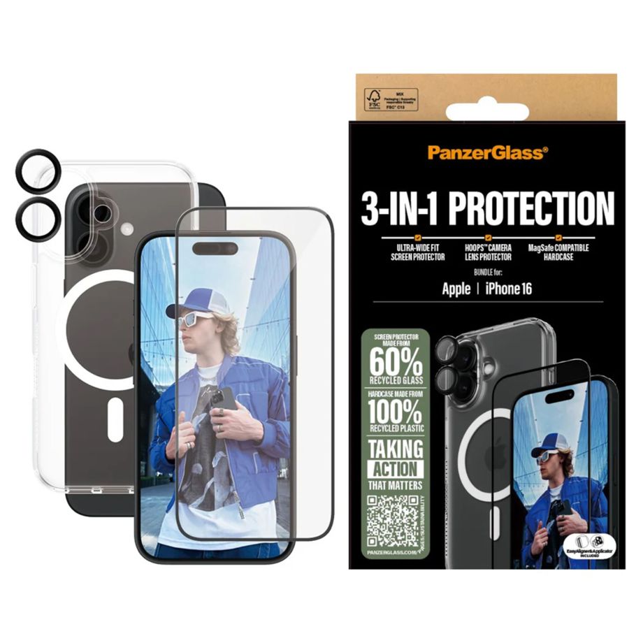 Комплект защиты PanzerGlass 3-в-1 для iPhone 16 (чехол + стекло + защита линз)