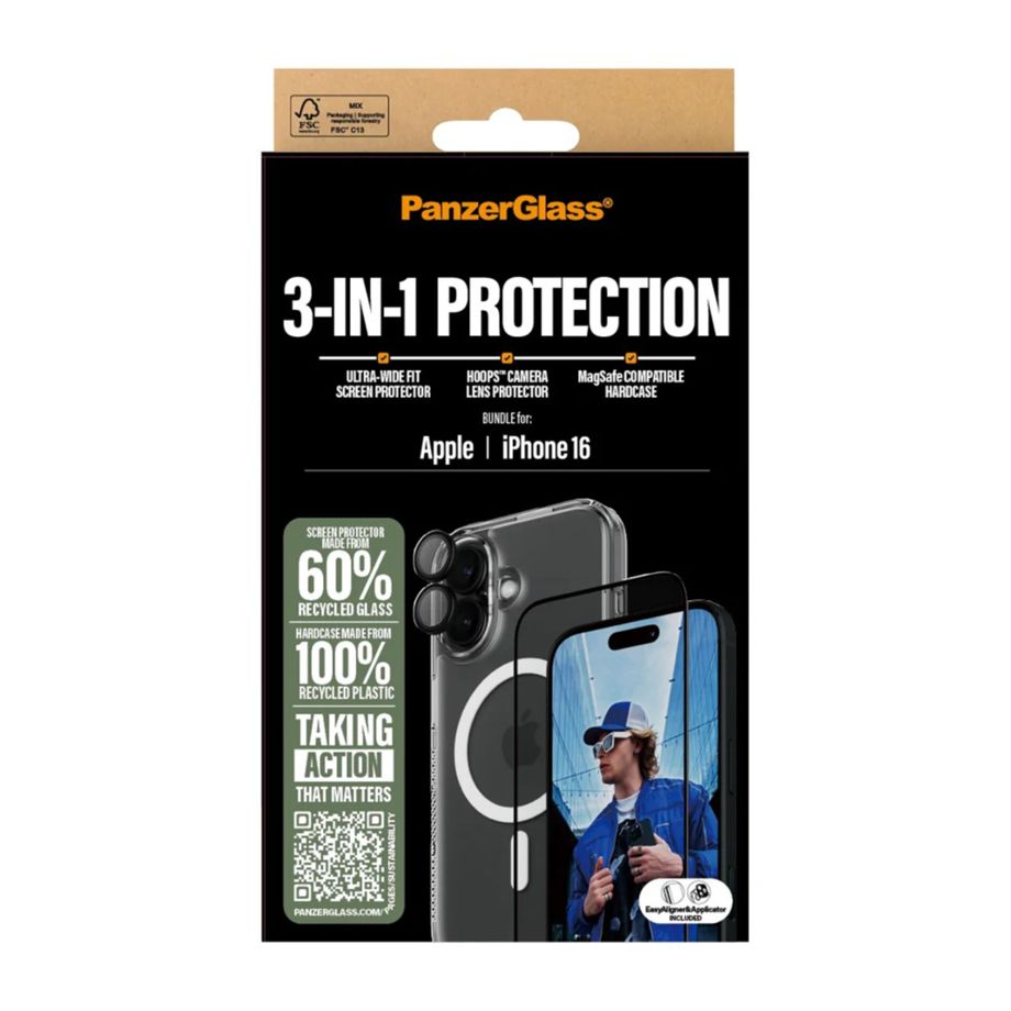 Комплект защиты PanzerGlass 3-в-1 для iPhone 16 (чехол + стекло + защита линз)