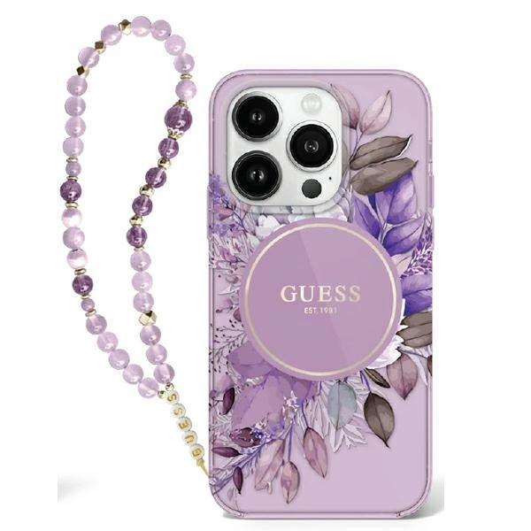 Guess IML Flowers With Pearl Strap MagSafe case for iPhone 16 Pro Max - purple