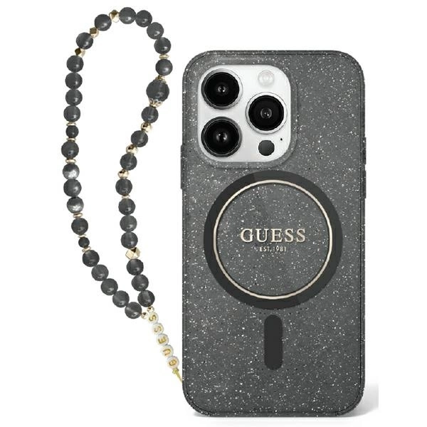Guess IML Glitter With Pearl Strap MagSafe case for iPhone 16 Pro - black