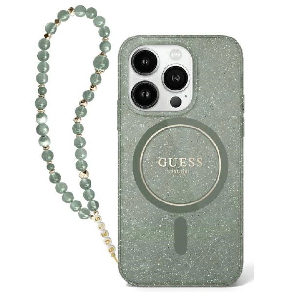 Guess IML Glitter With Pearl Strap MagSafe case for iPhone 16 Pro Max - green