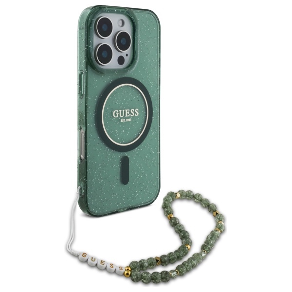 Guess iPhone 16 Pro Max Case IML Glitter With Pearl Strap MagSafe, Green