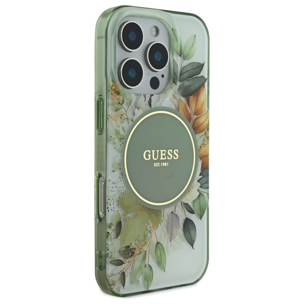 Guess iPhone 16 Pro Max vāciņš IML Flower & Tonal Circle MagSafe, zaļš