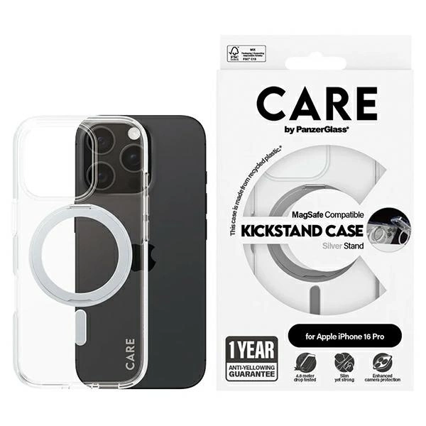 Apple iPhone 16 Pro 6.3'' CARE by PanzerGlass Feature Kickstand MagSafe Case Cover, Silver