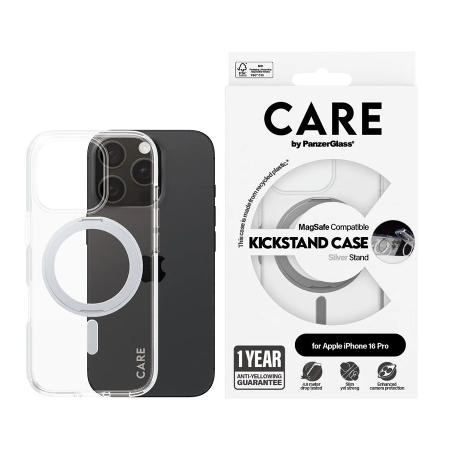 CARE by PanzerGlass Feature Kickstand Case for iPhone 16 Pro, Silver MagSafe 1326