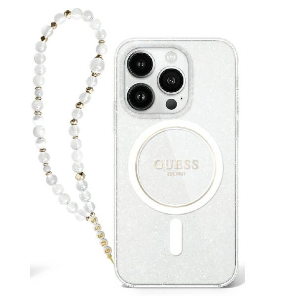 Guess iPhone 16 Plus Case IML Glitter With Pearl Strap MagSafe, Clear