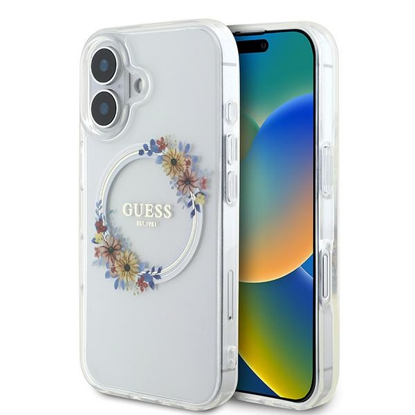Guess iPhone 16 Plus Case IML Flowers Wreath MagSafe, Clear