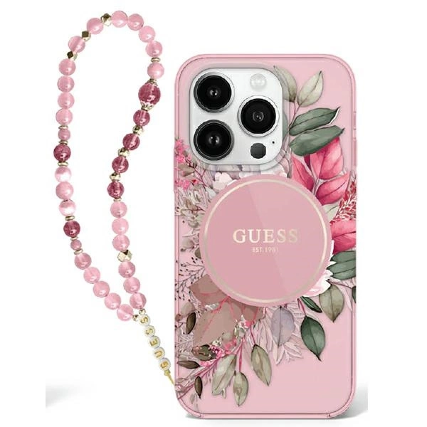 Guess IML Flowers With Pearl Strap MagSafe iPhone 16 Plus futrālis - Rozā krāsā | Case Pink