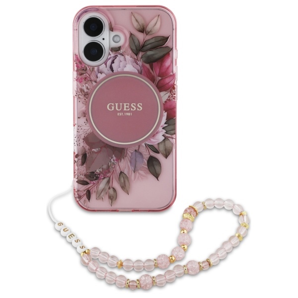 Guess IML Flowers With Pearl Strap MagSafe iPhone 16 Plus Case - Pink