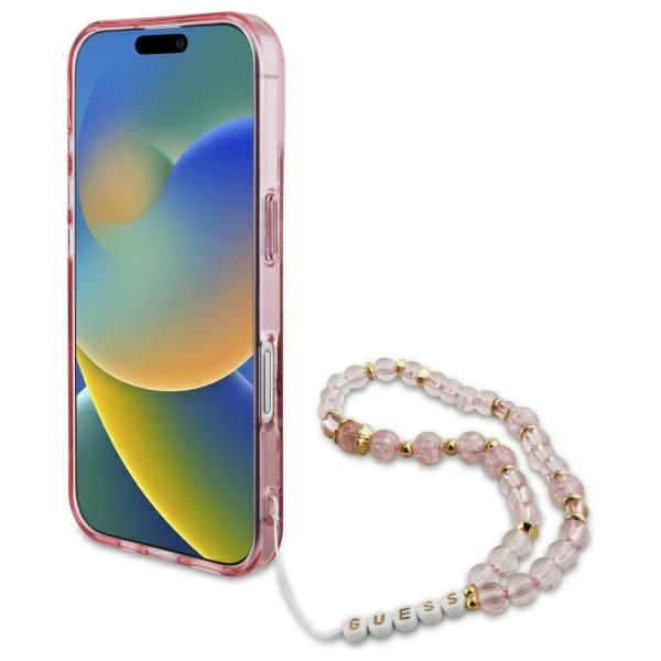 Guess IML Flowers With Pearl Strap MagSafe iPhone 16 Plus Case - Pink