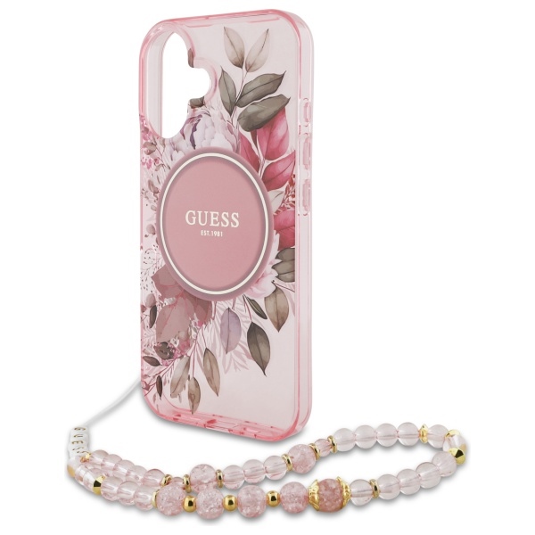 Guess IML Flowers With Pearl Strap MagSafe iPhone 16 Plus Case - Pink