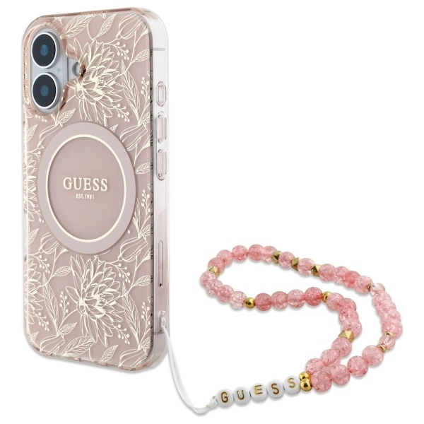 Guess IML Flowers Allover Electro ar pērļu siksniņu MagSafe iPhone 16 Plus korpuss - Rozā krāsā | With Pearl...