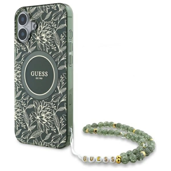 Guess iPhone 16 Plus Case IML Flowers Allover Electro with Pearl Strap, Green