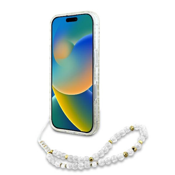 Guess IML Flowers Allover Electro With Pearl Strap MagSafe case for iPhone 16 Plus - white