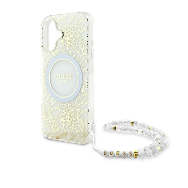 Guess IML Flowers Allover Electro With Pearl Strap MagSafe case for iPhone 16 Plus - white