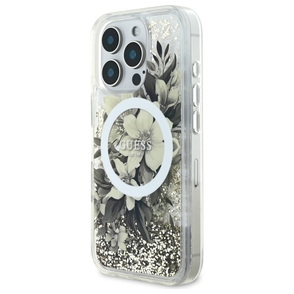 Guess iPhone 16 Pro Case Liquid Glitter Flower MagSafe, Beige